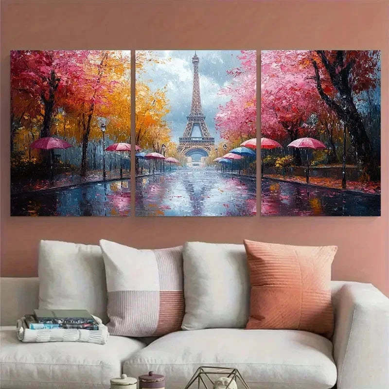 3pcs Parisian Eiffel Tower Scene Rainy Day Street Metal Print Ready to Hang Art - Bella Home Decor