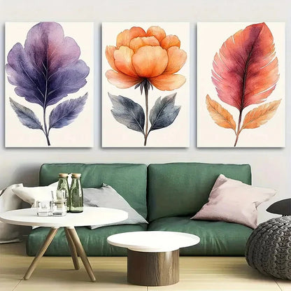 3pcs Minimalist Peony and Feather Watercolor Metal Print Ready to Hang Art