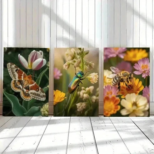 3pcs Butterfly, Bee, Flowers Wall Art Canvas Unframed - High Quality Print 100% Australian Made Wall Canvas - Bella Home Decor