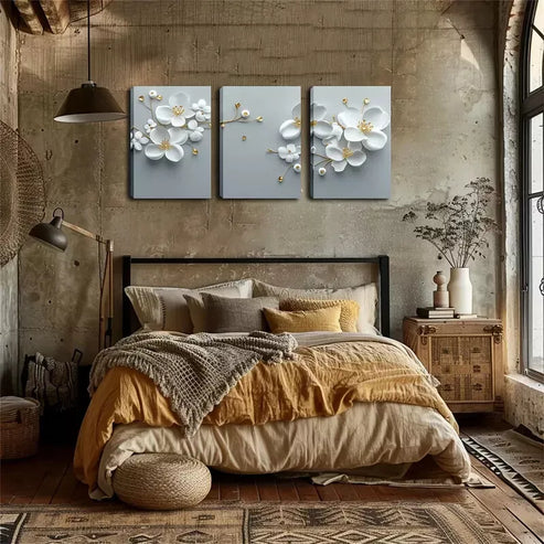 3pcs White, Three-Dimensional Plum Blossom Wall Art Canvas Unframed - High Quality Print 100% Australian Made Wall Canvas