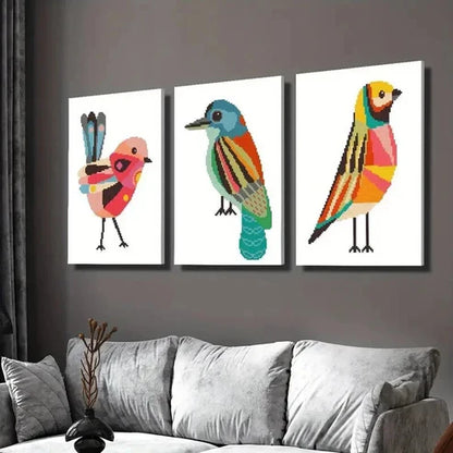 3pcs Geometric Birds Cross Stitch Pattern Wall  Art Set Canvas Unframed - High Quality Print 100% Australian Made Wall Canvas - Bella Home Decor