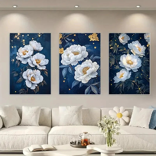 3pcs White Golden Flower Decor Wall Art Set Canvas Framed 50x70cm - High Quality Print 100% Australian Made Wall Canvas Ready to Hang