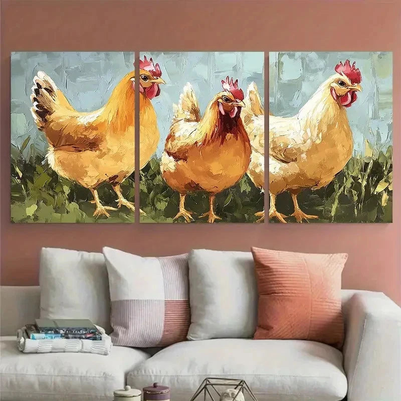 3pcs Chicken Hen Farm Bird Impasto Illustration Wall Art Set Canvas Framed 60x90cm - High Quality Print 100% Australian Made Wall Canvas Ready to Hang - Bella Home Decor