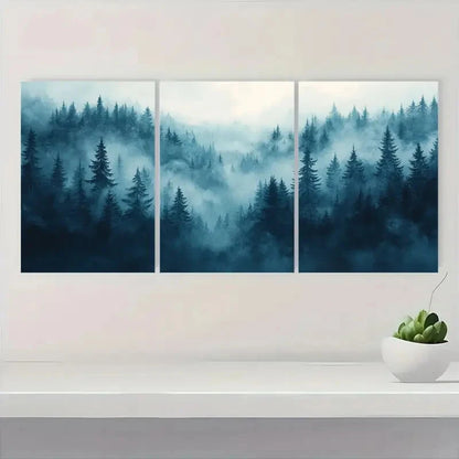 3pcs Featuring Pine Trees and Soft Fog Poster Metal Print Ready to Hang Art - Bella Home Decor