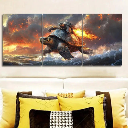 3pcs Two Turtles Ride The Fiery Waves  Wall Art Set Canvas Framed 50x70cm - High Quality Print 100% Australian Made Wall Canvas Ready to Hang
