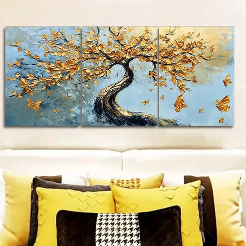 3pcs An abstract tree with golden leaves Wall Art Set Canvas Unframed - High Quality Print 100% Australian Made Wall Canvas - Bella Home Decor