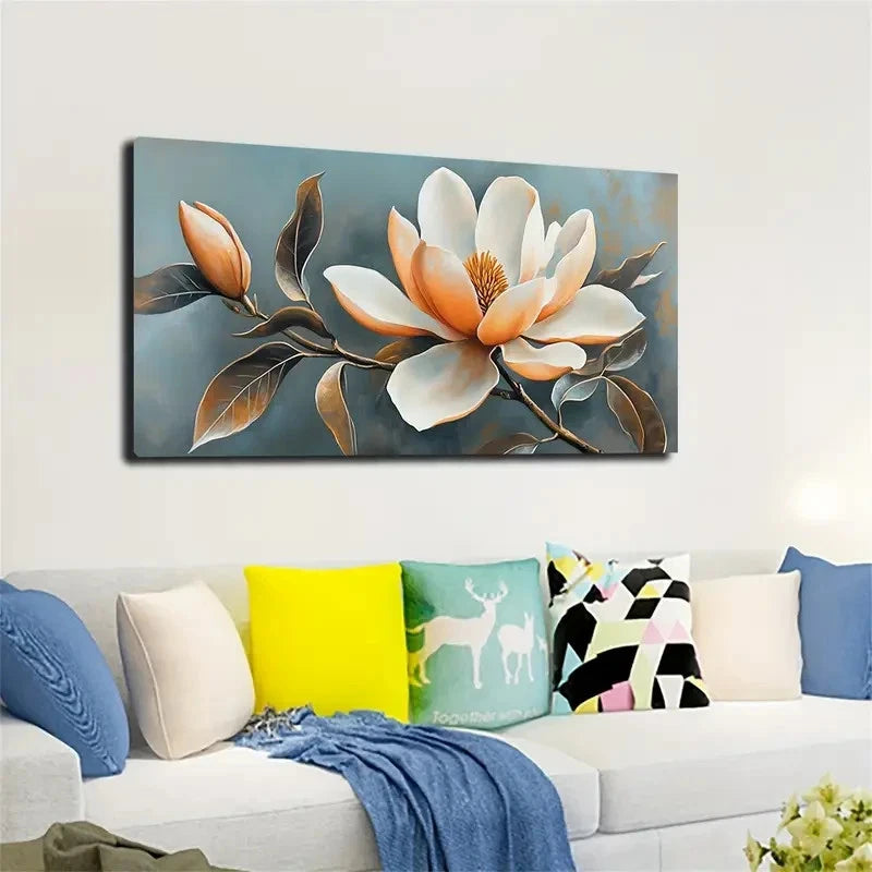 White & Orange Floral Wall Art canvas office home room framed 120x60cm