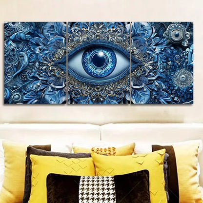 3pcs Blue Evil Eye Intricate Floral Patterns Metal Print Ready to Hang Art - Bella Home Decor