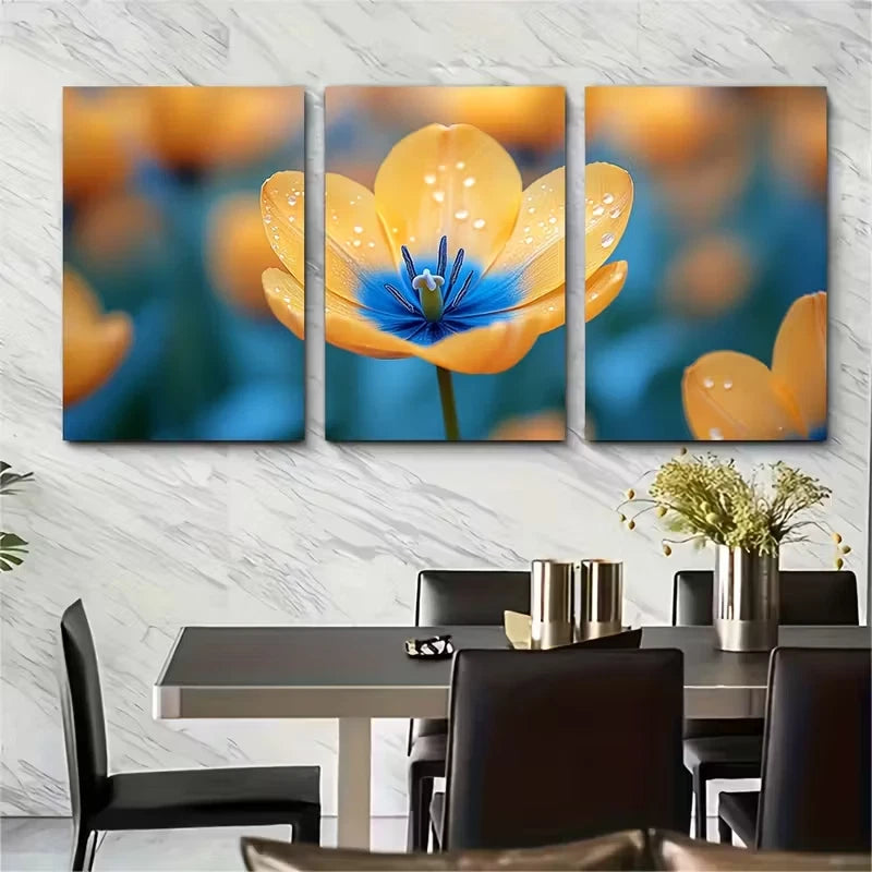 3pcs Yellow and Blue Tulip Macro Photography Metal Print Ready to Hang Art