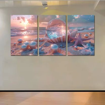 3pcs Opalescent Crystal Ball & Seashell Design Wall Art Set Canvas Framed 50x70cm - High Quality Print 100% Australian Made Wall Canvas Ready to Hang