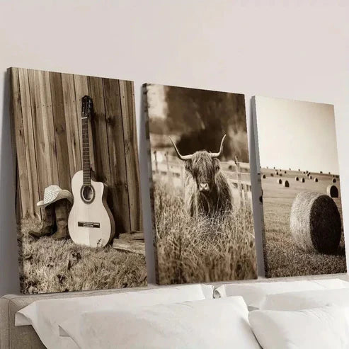 3pcs Vintage Highland Cow & Guitar Wall Art Set Canvas Unframed - High Quality Print 100% Australian Made Wall Canvas