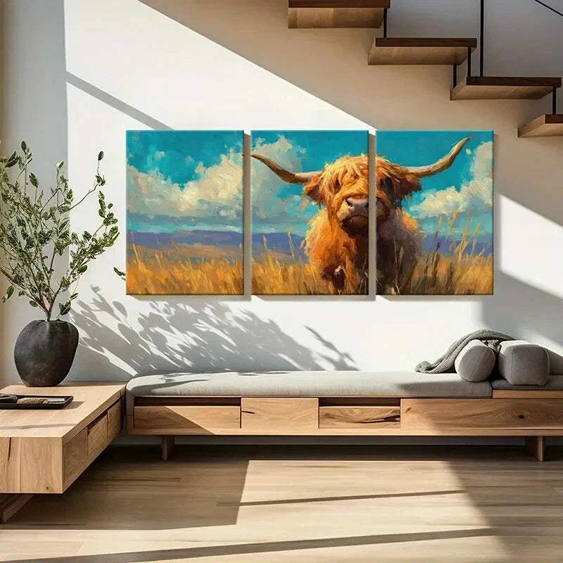 3pcs Highland Cow Art Landscape Painting Metal Print Ready to Hang Art - Bella Home Decor