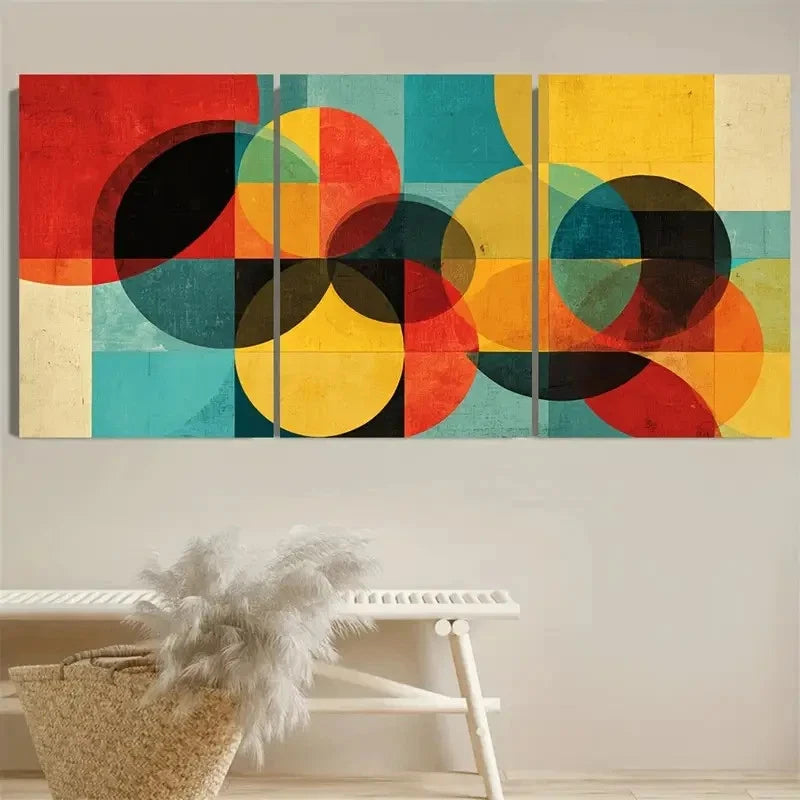 3pcs Colorful Geometric Shapes Century Modern Art Wall Art Set Canvas Framed 60x90cm - High Quality Print 100% Australian Made Wall Canvas Ready to Hang - Bella Home Decor