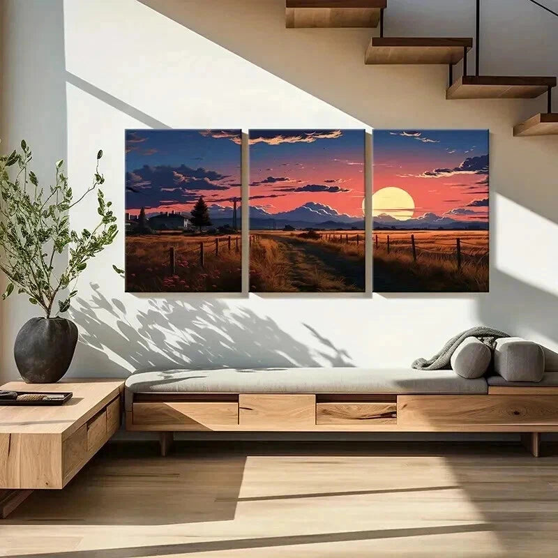 3pcs Sunset Village Country Road Landscape  Wall Art Set Canvas Framed 50x70cm - High Quality Print 100% Australian Made Wall Canvas Ready to Hang - Bella Home Decor