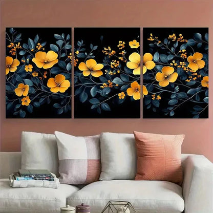 3pcs Modern Black and Yellow Floral Geometric Wall Art Canvas Unframed – High Quality Print 100% Australian Made Wall Canvas