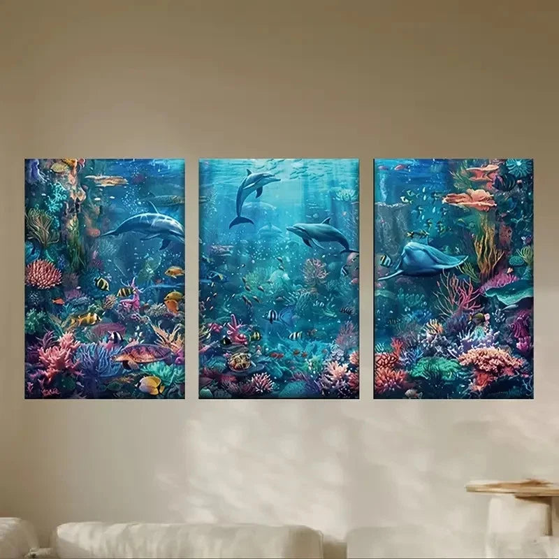 3pcs Coral Reef & Blue Ocean Theme Paintings Metal Print Ready to Hang Art - Bella Home Decor