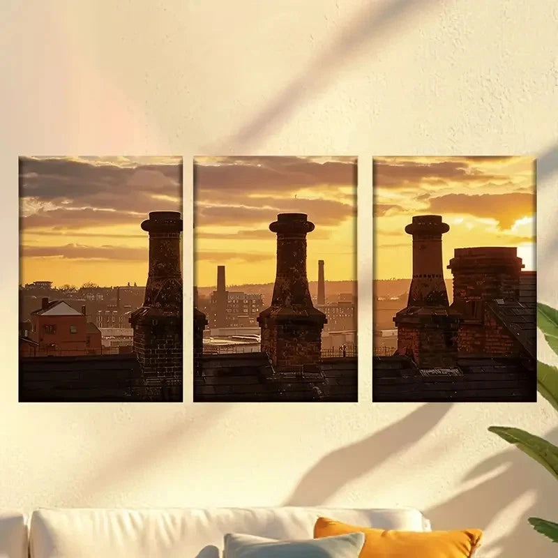3pcs Sunset Factory Rooftop Scene Wall Art Set Canvas Framed 60x90cm - High Quality Print 100% Australian Made Wall Canvas Ready to Hang