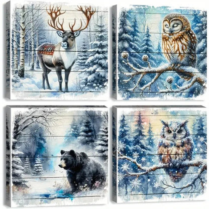 4pcs Forest Bear Pictures White WinterWall Art Canvas Framed