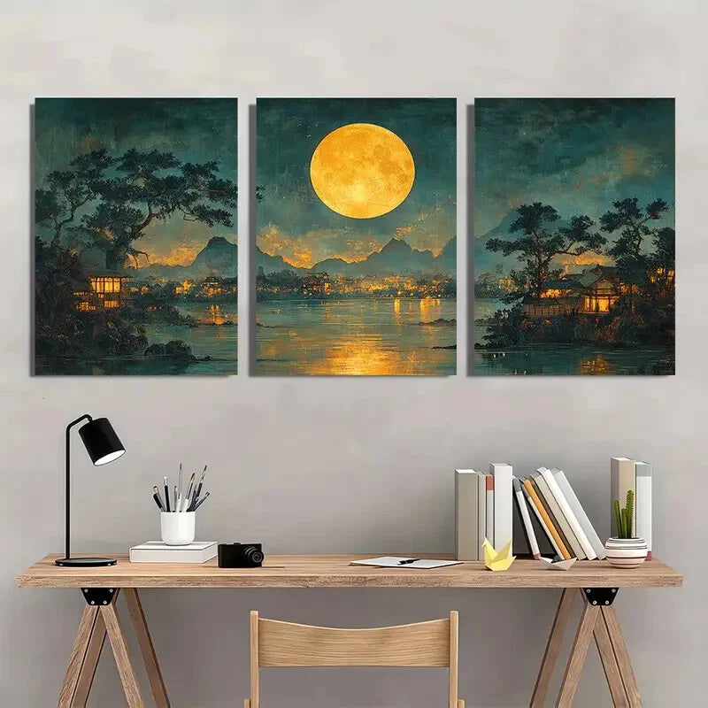3pcs Japanese Ukiyo-e Vintage Evening Prints Metal Print Ready to Hang Art - Bella Home Decor