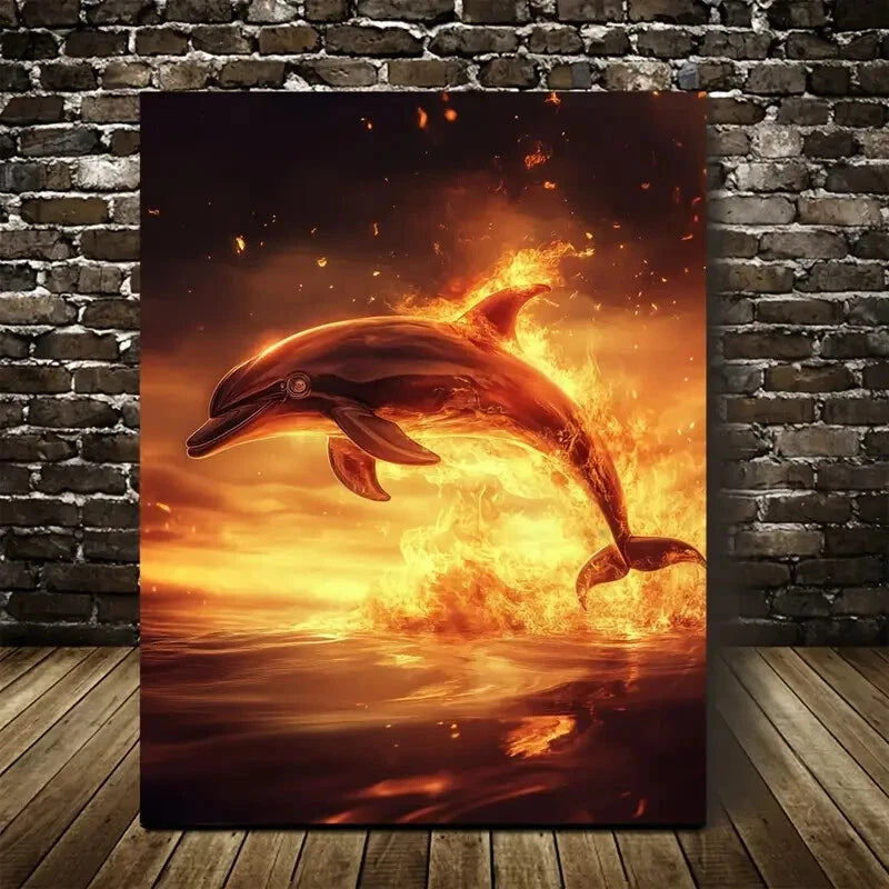Steampunk Dolphin Sunset Scene with Glowing Painting 40x60cm Metal Print Ready to Hang - Bella Home Decor