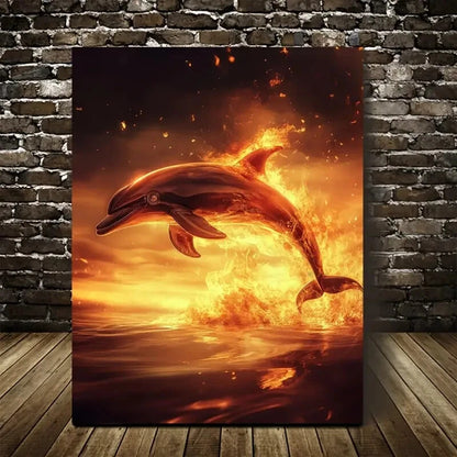 Steampunk Dolphin Sunset Scene with Glowing Painting 40x60cm Metal Print Ready to Hang - Bella Home Decor