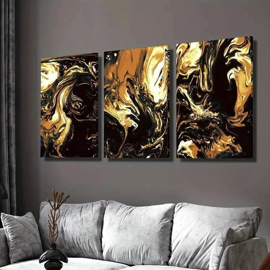 3pcs Luxurious Black & Golden Marble Design Wall Art Set Canvas Framed 60x90cm - High Quality Print 100% Australian Made Wall Canvas Ready to Hang