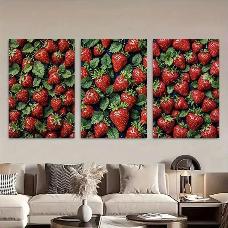 3pcs Red Strawberry and Green Leaves Metal Print Ready to Hang Art