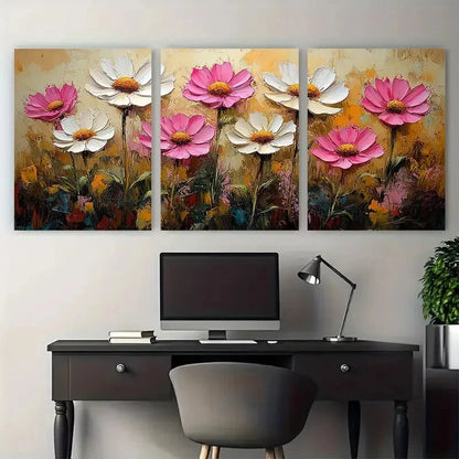 3pcs White Daisies Pink Flowers Textured Floral Metal Print Ready to Hang Art - Bella Home Decor