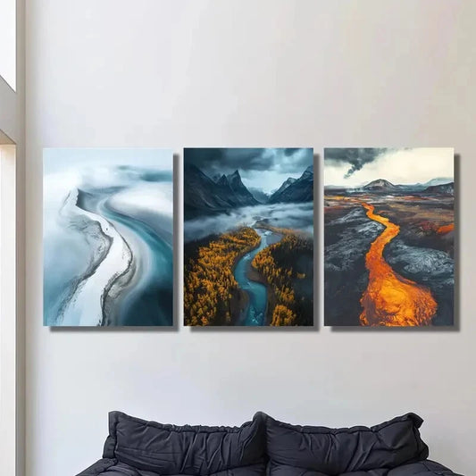3pcs Aerial Views, a Glacier River Landscape Metal Print Ready to Hang Art
