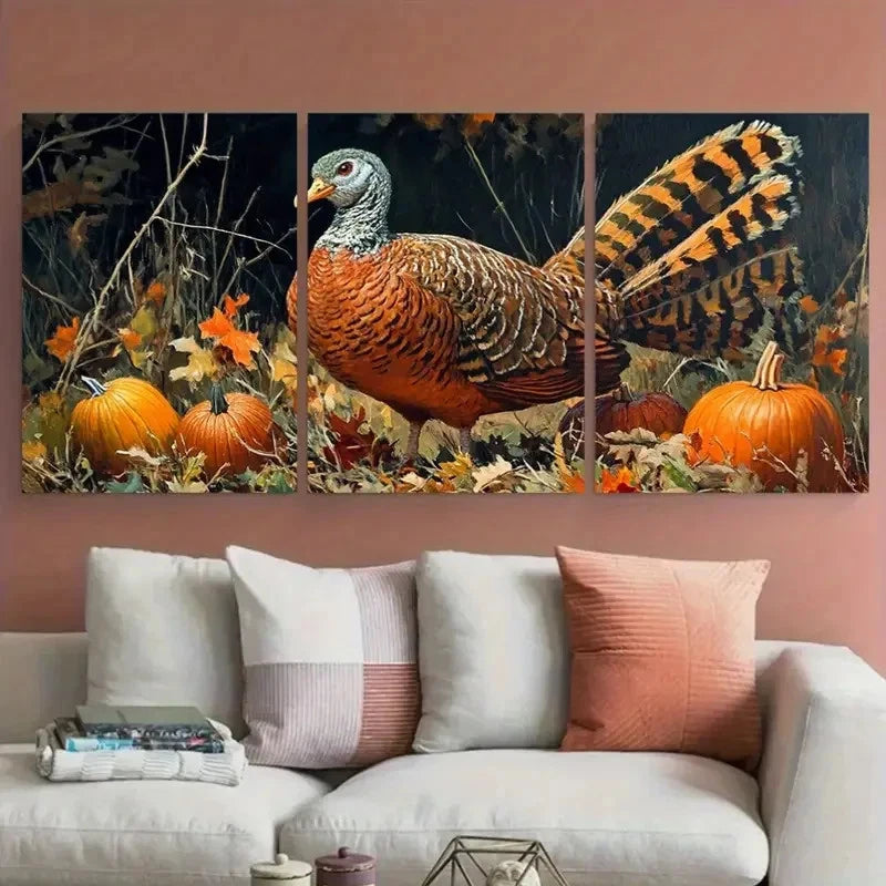 3pcs Thankful Design with Foliage & Pumpkins Wall Art Set Canvas Framed 50x70cm - High Quality Print 100% Australian Made Wall Canvas Ready to Hang