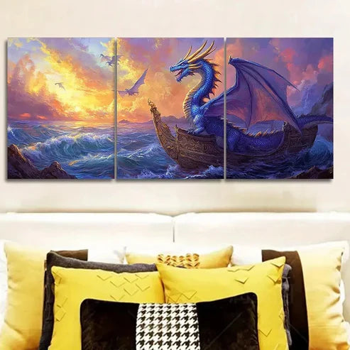 3pcs Blue Dragon on Boat Canvas Wall Art Set Canvas Unframed - High Quality Print 100% Australian Made Wall Canvas - Bella Home Decor