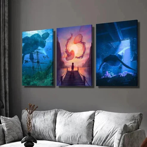 3pcs Giant Jellyfish Dolphin & Turtle Wall Art Canvas Unframed - High Quality Print 100% Australian Made Wall Canvas - Bella Home Decor