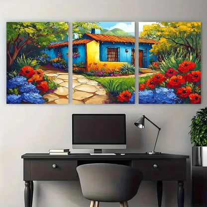3pcs Vibrant Mexico House with Florals Metal Print Ready to Hang Art - Bella Home Decor