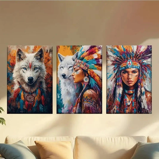 3pcs White Wolves & Native American Women Wall Art Set Canvas Framed 60x90cm - High Quality Print 100% Australian Made Wall Canvas Ready to Hang