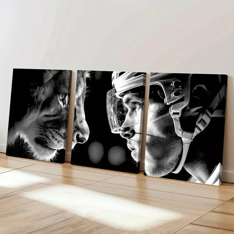 3pcs Black And White Lion & Hockey Player Wall Art Set Canvas Framed 40x60cm - High Quality Print 100% Australian Made Wall Canvas Ready to Hang - Bella Home Decor
