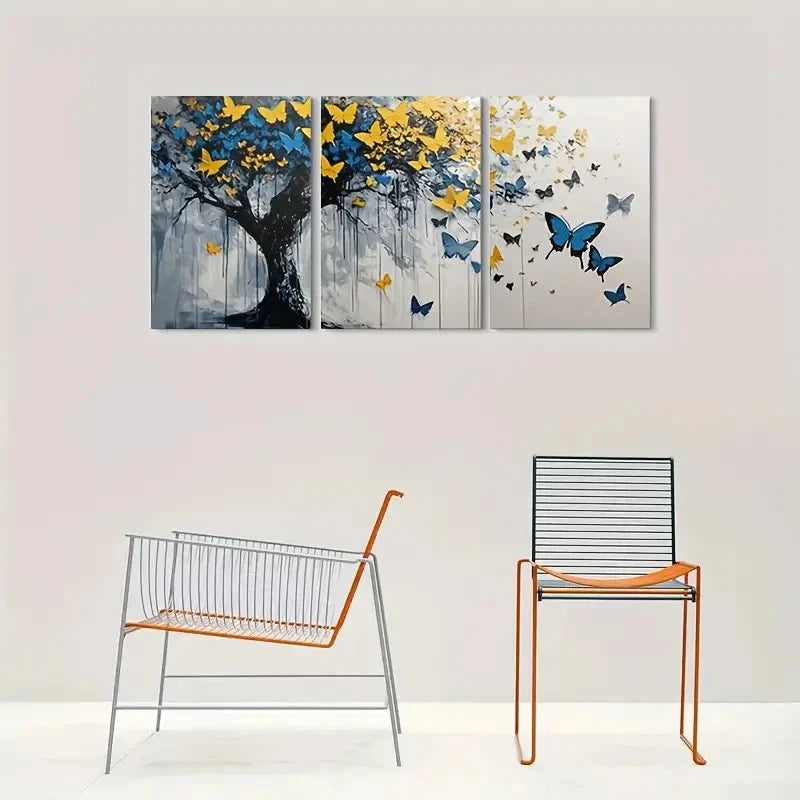 3pcs Abstract Butterfly Tree Blue & Golden Metal Print Ready to Hang Art - Bella Home Decor