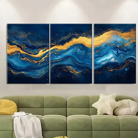 3pcs , Blue Golden Marbleled Metal Print Ready to Hang Art