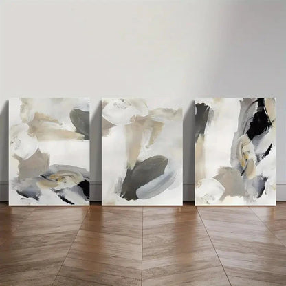 3pcs Neutral Beige & Black Abstract Design Metal Print Ready to Hang Art - Bella Home Decor