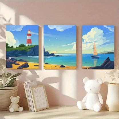3pcs Lighthouse, Sailboat, Rocky Shore, Clouds  Wall Art Set Canvas Framed 60x90cm - High Quality Print 100% Australian Made Wall Canvas Ready to Hang - Bella Home Decor
