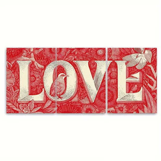 3pcs Red Love Aesthetic, Typography Metal Print Ready to Hang Art