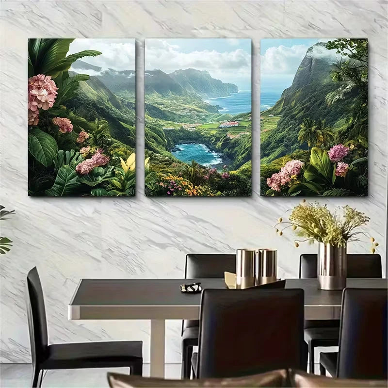3pcs Vibrant Floral and Mountain Design Metal Print Ready to Hang Art