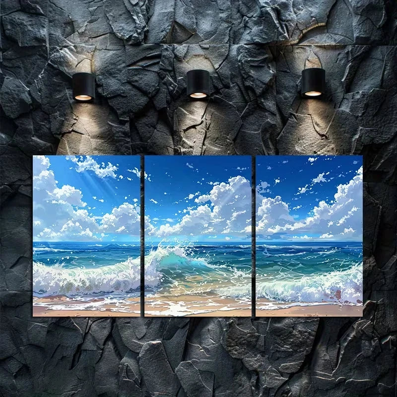 3pcs Digital Painting of Ocean waves Wall Art Set Canvas Framed 60x90cm - High Quality Print 100% Australian Made Wall Canvas Ready to Hang - Bella Home Decor