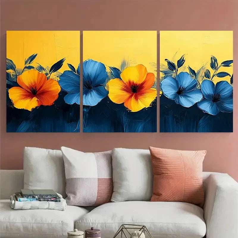 3pcs Neon Yellow Blue Abstract Floral Pattern Metal Print Ready to Hang Art - Bella Home Decor