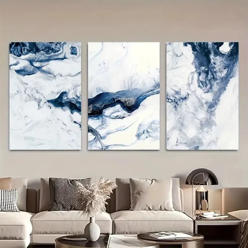 3pcs Vibrant Ocean Navy Blue & White Abstract Metal Print Ready to Hang Art - Bella Home Decor