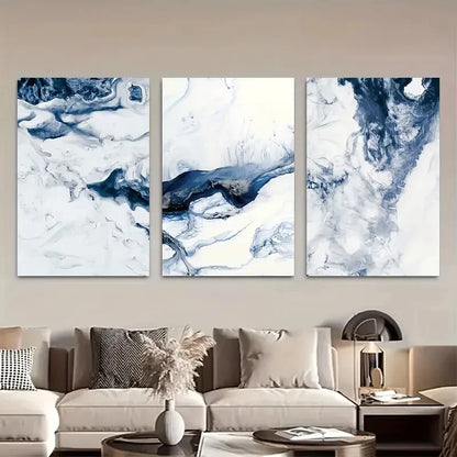 3pcs Vibrant Ocean Navy Blue & White Abstract Metal Print Ready to Hang Art - Bella Home Decor