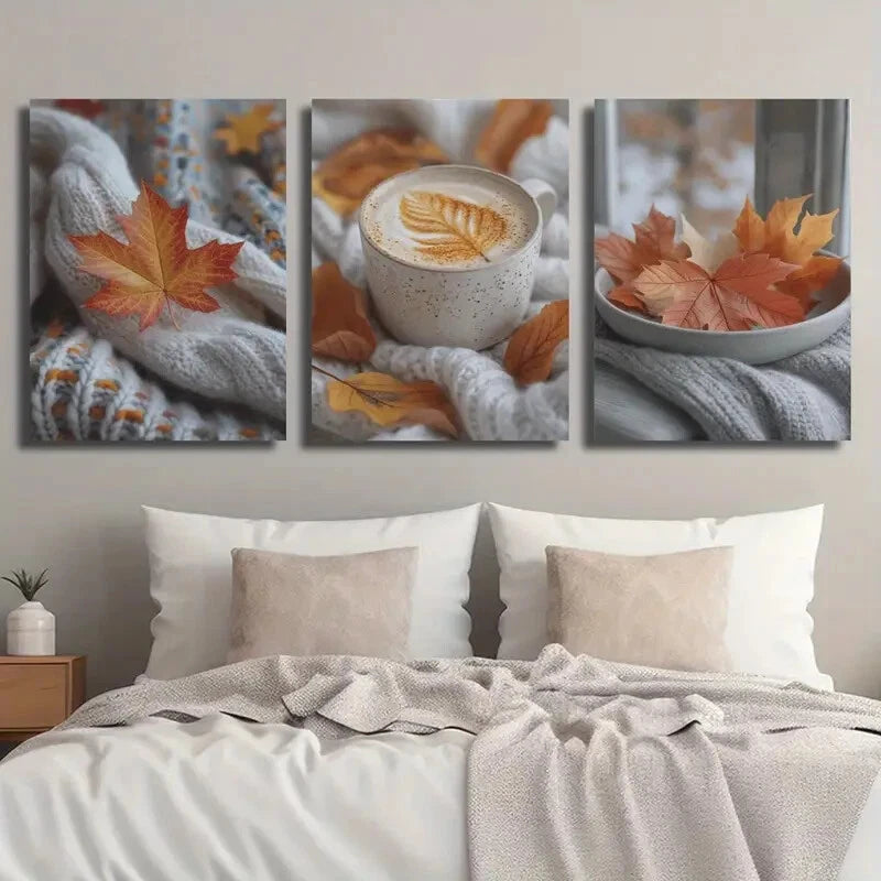 3pcs Winter Wool Sweater and Botanical Autumn Metal Print Ready to Hang Art