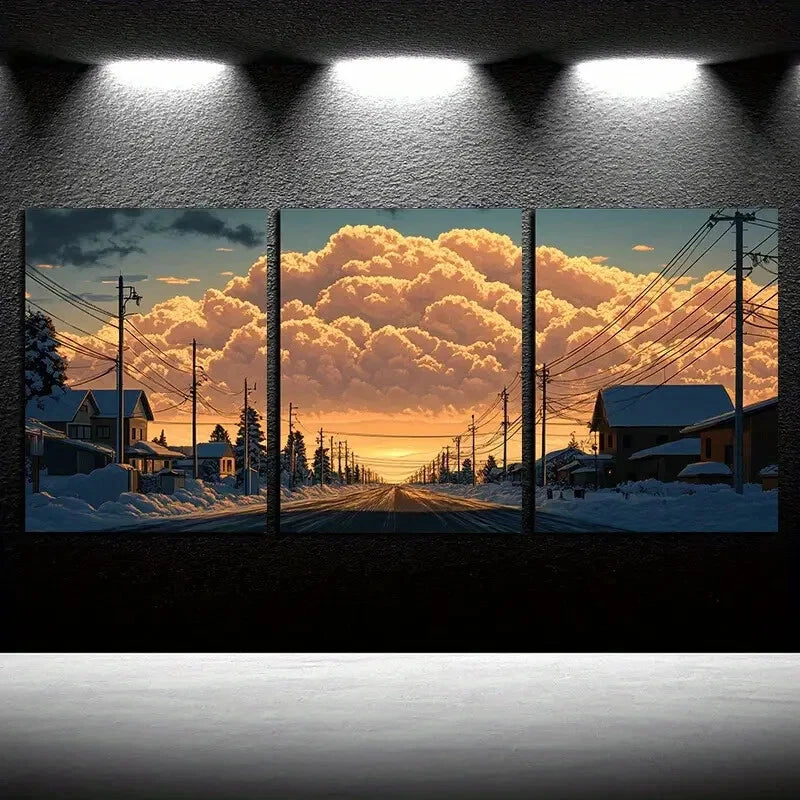 3pcs Scenic Village Winter Sunset Landscape Metal Print Ready to Hang Art - Bella Home Decor