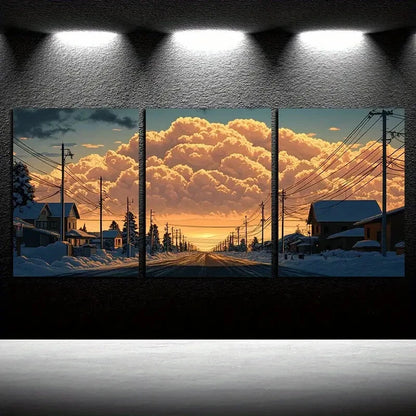 3pcs Scenic Village Winter Sunset Landscape Metal Print Ready to Hang Art - Bella Home Decor