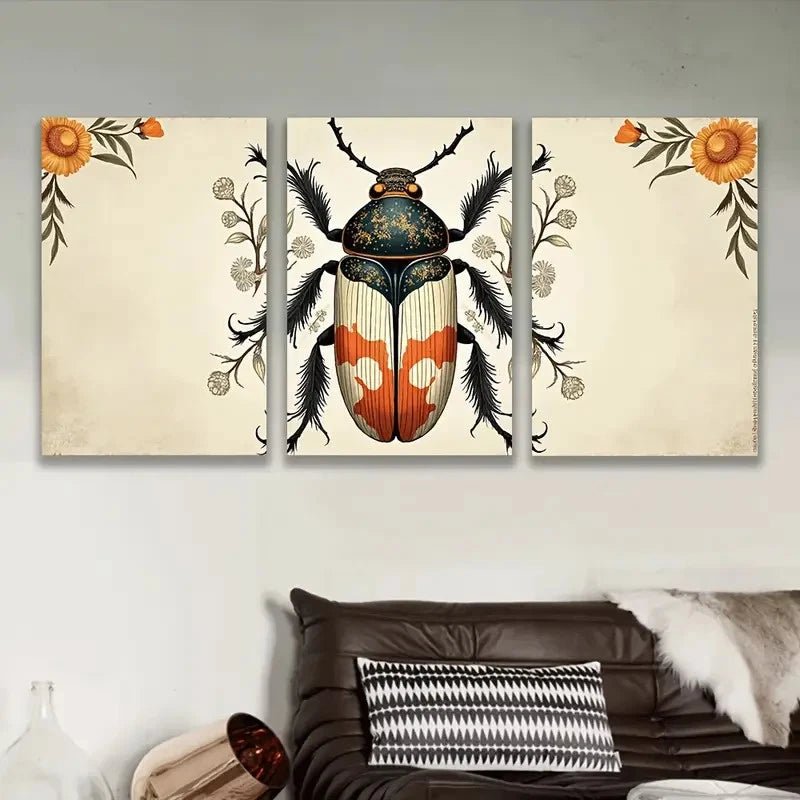 3pcs Artistic Beetle Illustration Wall Art Set Canvas Framed 60x90cm - High Quality Print 100% Australian Made Wall Canvas Ready to Hang - Bella Home Decor