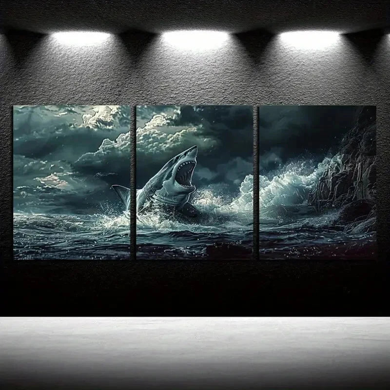 3pcs Furious Shark in Ocean Vortex Metal Print Ready to Hang Art